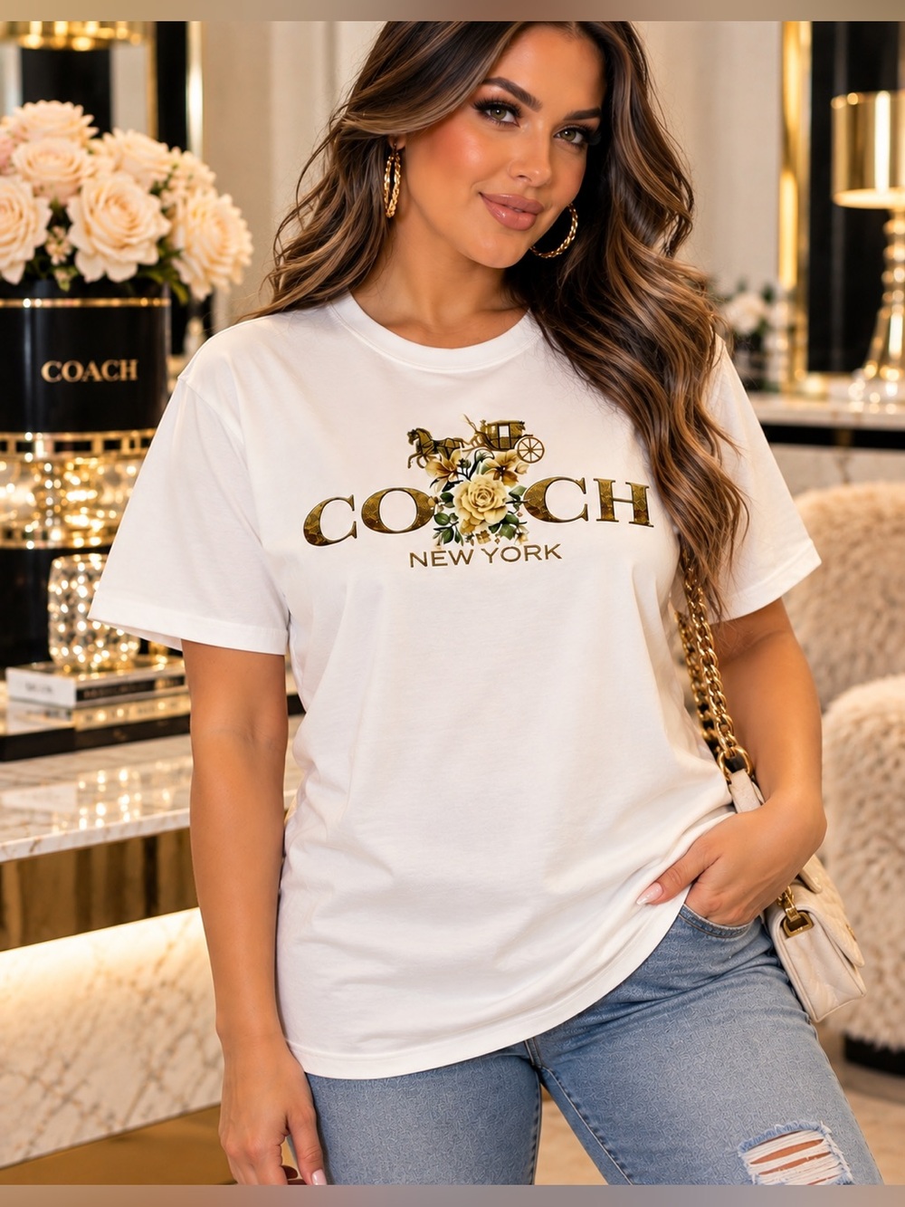 White Short Sleeve Coach New York Floral Horse & Carriage Graphic T-Shirt